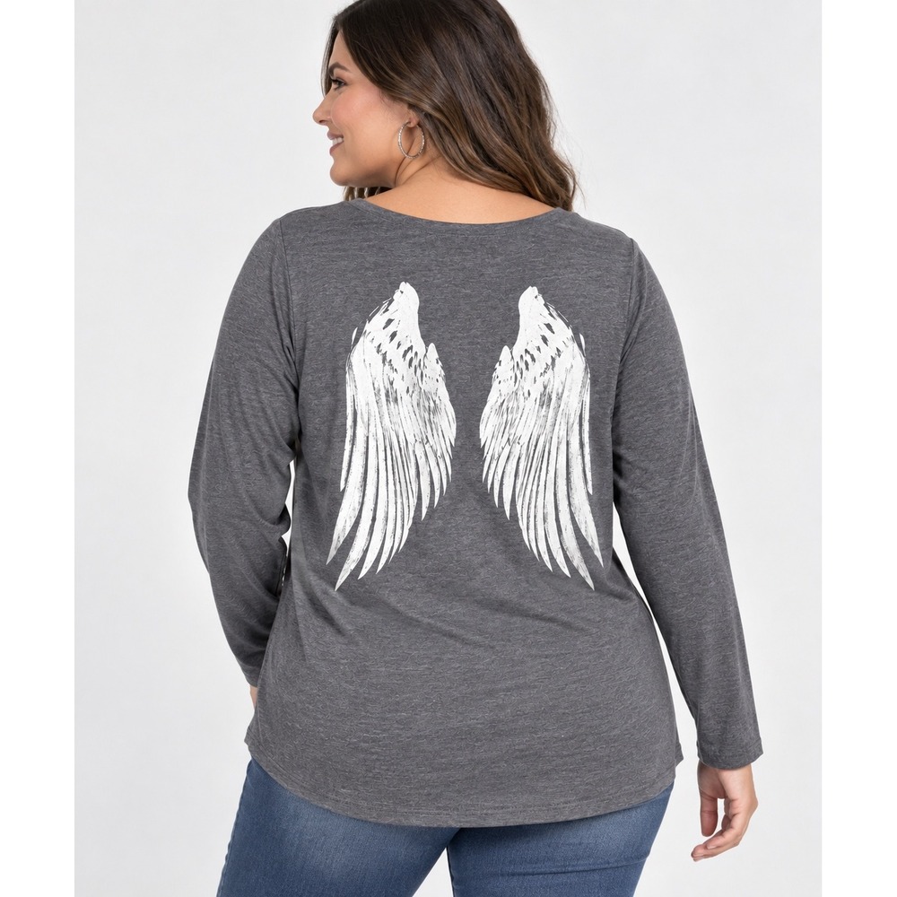 Torrid Women Gray Heather Angel Wing Graphic Long Sleeve Slim Fit Tee Size 1 1X